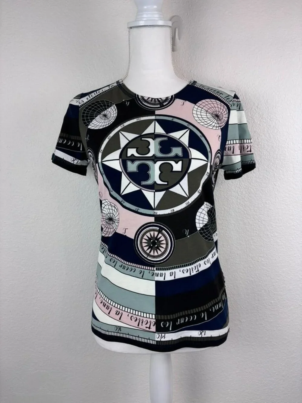 Tory Burch women's XS short sleeve compass logo 100% cotton tee shirt casual
